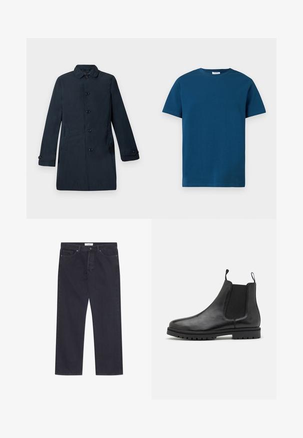 Mørkeblå lang frakke lavet af glat stof, med krave, forreste knapper og sidelommer. Enkel, lige-snit design.; Mørkeblå t-shirt med rund hals i blød bomuld, med korte ærmer og en enkel, glat tekstur samt en lige pasform.; Mørkeblå denimjeans med lige ben-design, fem lommer og klassisk knap- og lynlåslukning. Har kontrastsyninger.; Sorte læder Chelsea støvler med elastiske sidepaneler, trækkemærker og en struktureret gummisål med et slidbane mønster.