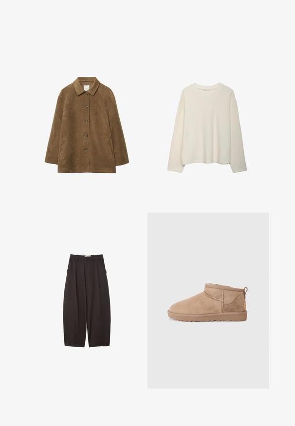 Brun ruskindsjakke med krave, lange ærmer, knapper foran og to sidelommer, vist på en hvid baggrund.; Krämfarvet langærmet crewneck sweater med en afslappet pasform og ribbet halsudskæring, vist på en hvid baggrund.; Sorte brede bukser lavet af et glat stof, med høj talje, forfaldne folder og sidelommer. Simpelt design uden udsmykninger.; Brune ruskinds ankler støvler med blød indvendig foring, quiltede detaljer og en struktureret gummisål for godt greb. Sløjfe bagpå for nem påtagning.