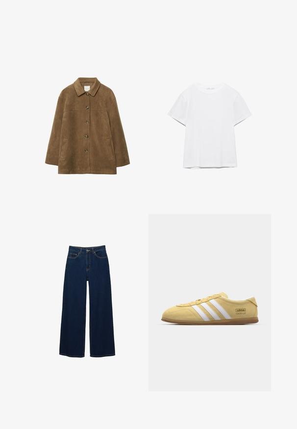 Veste en daim marron avec col, manches longues, boutons sur le devant et deux poches latérales, présentée sur un fond blanc.; T-shirt blanc uni à manches courtes et col rond, avec un ourlet droit, présenté sur un fond blanc.; Jean large à jambes larges bleu foncé en denim ; doté de poches avant et d'une fermeture à bouton ; coutures apparentes le long des coutures ; sans motifs ni ornements.; adidas Originals GAZELLE LO PRO W - Baskets basses - almost yellow/footwear white