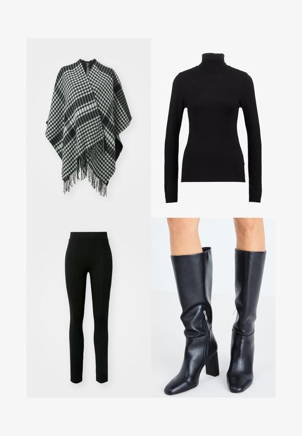 Zwart-witte geruite poncho met franjes, gemaakt van zachte stof, met een gedrapeerd ontwerp en een v-halsopening bovenaan.; Zwarte coltrui gemaakt van zachte stof, met lange mouwen en een aansluitende snit. Eenvoudig ontwerp zonder zichtbare patronen of versieringen.; Zwarte leggings van rekbaar materiaal, met een hoge taille, slim fit en twee voorzakken zonder zichtbare naden.; Steve Madden SPEEDWAY - Laarzen - black