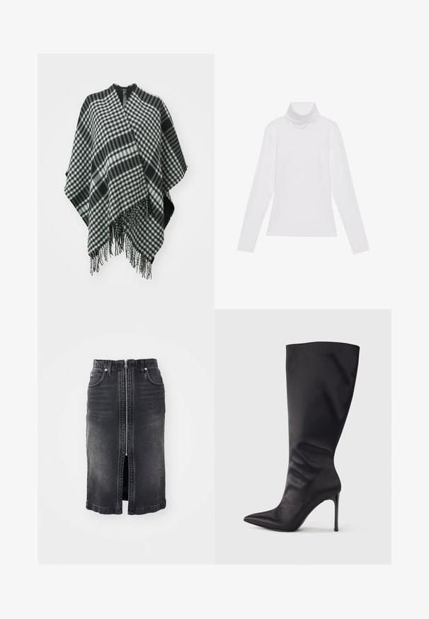 Poncho a cuadros en blanco y negro con bordes con flecos, hecho de un tejido suave, con un diseño drapeado y una abertura en forma de v en la parte superior.; Top blanco de manga larga y cuello alto, confeccionado en una tela suave y elástica. Presenta un diseño ajustado, sin patrones o adornos visibles.; Falda de mezclilla negra con cremallera frontal, dos bolsillos laterales, diseño de longitud media y un ligero desgaste. Presenta un corte recto y bordes dobladillos.; Bota negra hasta la rodilla con tacón de aguja, hecha de material liso y elegante; punta puntiaguda; ajuste ceñido con un sutil fruncido cerca del tobillo; tacón brillante.