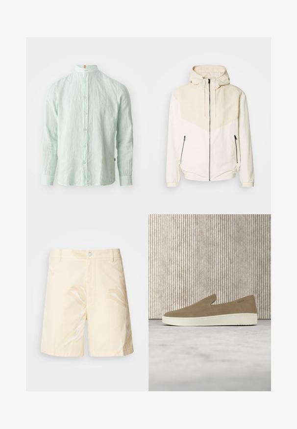 Μαύρο μπουφάν με κουκούλα σε off-white απόχρωση, με αντίθετο φωτεινό μπεζ πάνελ. Διαθέτει κλείσιμο με φερμουάρ και πλαϊνές τσέπες με φερμουάρ. Λείος υφή.; Ανοιχτό πράσινο λινό πουκάμισο με μακριά μανίκια και γιακά, κλείσιμο με κουμπιά μπροστά και διακριτή υφή. Περιλαμβάνει πορτοκαλί λεπτομέρεια στον γιακά.; Βαμβακερές βερμούδες σε ανοιχτό κίτρινο χρώμα με ανθισμένο μοτίβο. Διαθέτουν κουμπί κλεισίματος, μπροστινές τσέπες και ίσια γραμμή με στρωμένες άκρες.; Μπεζ παπούτσι τύπου slip-on με λευκή σόλα, εμφανίζεται στον αέρα πάνω από ένα ανοιχτό χαλί με διαφανή έπιπλα χρώματος κεχριμπαριού στο παρασκήνιο.