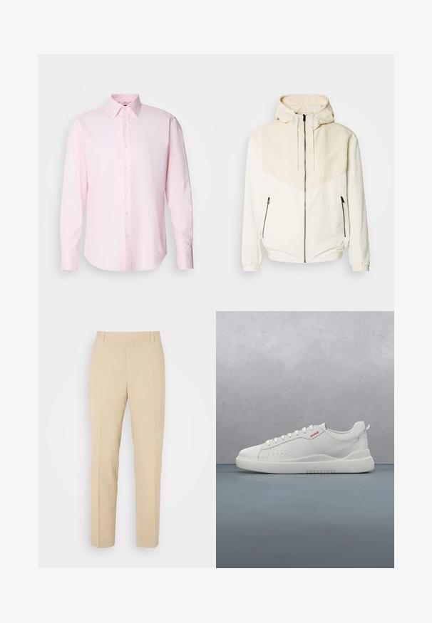 Veste à capuche en blanc cassé avec un pan beige clair contrastant. Équipée d'une fermeture éclair et de poches latérales avec fermetures éclair. Texture lisse.; Chemise à manches longues rose clair en tissu texturé, dotée d'un col standard et d'une fermeture à boutons sur le devant.; Pantalons beige ajustés avec une coupe droite, fabriqués en tissu léger, dotés de deux poches avant et de plis bien repassés.; Sneaker blanche avec une finition en cuir lisse, bout rond, quatre œillets, perforations subtiles et un détail de logo rouge sur le côté.