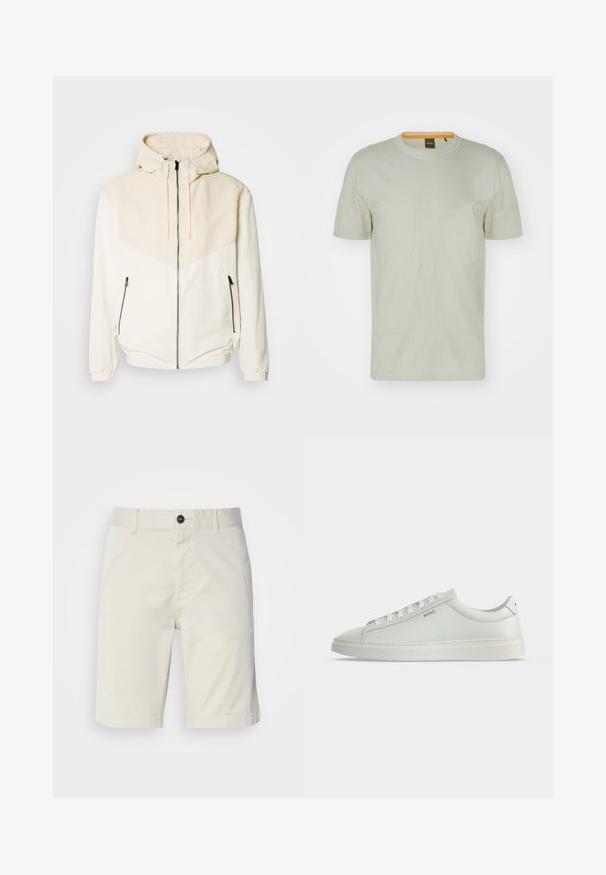 Hooded jas in off-white met contrasterend lichtbeige paneel. Voorzien van een ritsluiting en zijzakken met ritssluitingen. Glad textuur.; Lichtgroene korte mouwen T-shirt van zachte stof, met een ronde hals en een subtiel logo op de voorkant. Eenvoudig ontwerp met minimale details.; Lichtbeige shorts van katoen, met een knoopsluiting, voorzakken en gestikte zoom. Soepele textuur met een casual ontwerp.; Witte lage leren sneaker met veters, platte zool en klein gouden "BOSS" logo aan de zijkant, gezien vanaf de buitenkant.