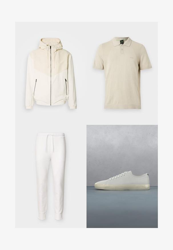 Veste à capuche en blanc cassé avec un pan beige clair contrastant. Équipée d'une fermeture éclair et de poches latérales avec fermetures éclair. Texture lisse.; Polo beige à manches courtes avec deux boutons, panneaux latéraux texturés et logo BOSS subtilement embossé sur la poitrine gauche.; Pantalon jogger blanc à coupe slim avec taille élastique et cordon de serrage, poignets côtelés aux chevilles, présenté sur un fond uni.; Baskets en cuir blanc avec lacets flottant au-dessus de carreaux en bois carrés et de petits cailloux, avec un arbre et un fond gris.
