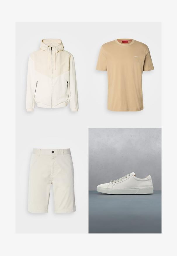 Chaqueta con capucha en color blanco roto con panel en beige claro en contraste. Cuenta con cierre de cremallera y bolsillos laterales con cremalleras. Textura suave.; Camiseta de algodón beige con cuello redondo, mangas cortas y un pequeño logo blanco "HUGO" en el pecho. Textura suave sin patrones.; Shorts de color beige claro fabricados en algodón, con cierre de botón, bolsillos delanteros y dobladillo cosido. Textura suave con un diseño casual.; Zapatilla blanca de cuero con punta redondeada, diseño minimalista, cordones grises y suela de goma texturizada gris. Detalles de costura sutiles visibles.