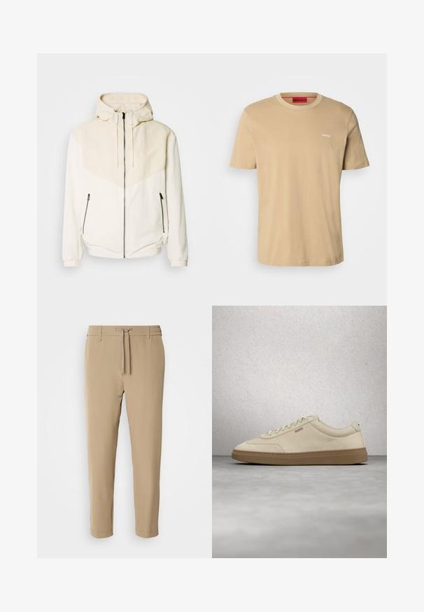 Hættetrøje i off-white med kontrasterende lyse beige panel. Har lynlås-lukning og sidelommer med lynlås. Glat tekstur.; Beige bomulds t-shirt med rund halsudskæring, korte ærmer og et lille hvidt "HUGO" logo på brystet. Glat tekstur uden mønstre.; Beige, tapered bukser med elastisk talje og snor. Glat stof med et rent design uden synlige mønstre eller hardware.; Lyse beige ruskindssneaker med gummisål i farven gum, tydelige snørebånd og fine syningsdetaljer. Ren design med et minimalistisk æstetisk udtryk.