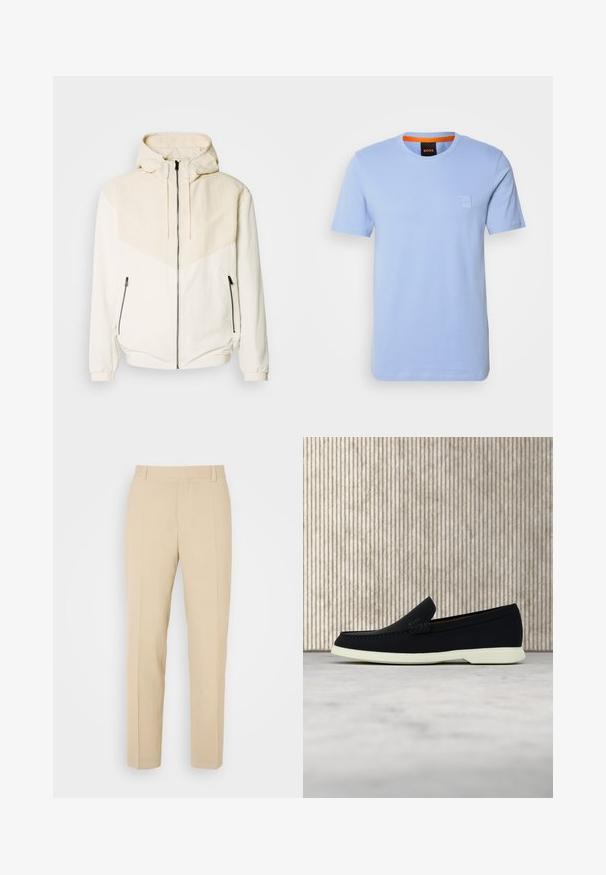 Hoodie-Jacke in Off-White mit kontrastierendem, hellbeigem Einsatz. Verfügt über einen Reißverschluss und seitliche Taschen mit Reißverschluss. Glatte Textur.; Himmelblaues Baumwoll-T-Shirt mit kurzen Ärmeln, rundem Halsausschnitt und einem kleinen geprägten Logo-Patch auf der Brust. Kontrastierender orangefarbener Innenkragen.; Beige maßgeschneiderte Hosen mit geradem Bein, aus leichtem Stoff, mit zwei vorderen Taschen und ordentlich gebügelten Falten.; Schwarzer Slipper mit runder Zehenpartie, präsentiert sich mit einem strukturierten Obermaterial, glatter weißer Sohle und einem dezenten Branding-Detail an der Seite.