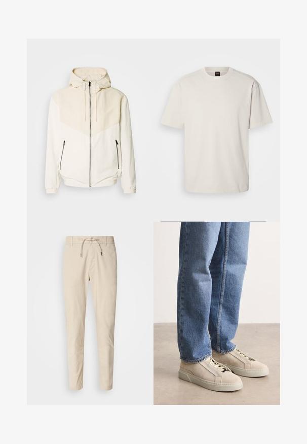 Hættetrøje i off-white med kontrasterende lyse beige panel. Har lynlås-lukning og sidelommer med lynlås. Glat tekstur.; Kortærmet, crew-neck t-shirt i off-white bomuld med lige snit og minimal branding på kraven. Blød tekstur, uden mønstre.; Lys beige bukser med en glat stoftekstur, elastisk talje og justerbar snor. Taperet ben-design. Ingen synlige mønstre.; BOSS GARYTENN_SDHDEL - Sneakers - natural ten