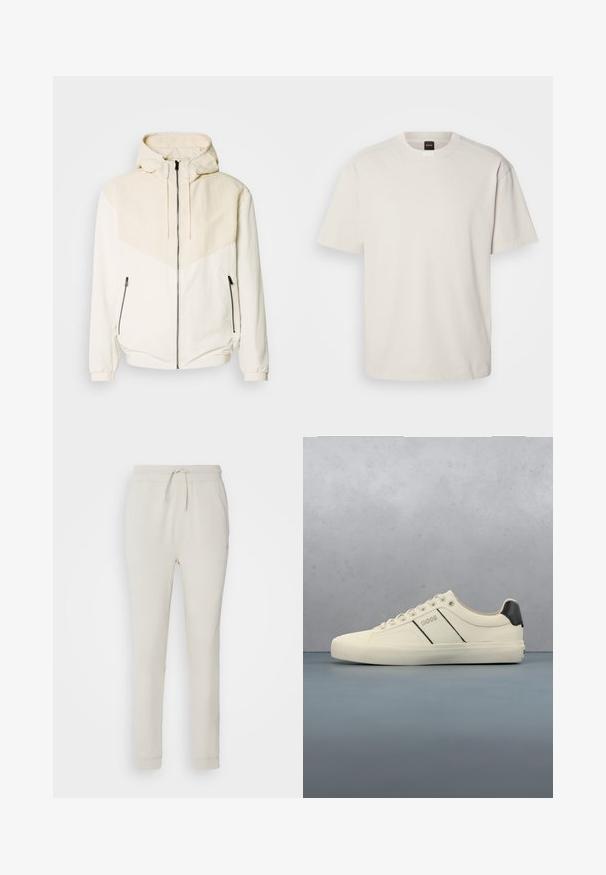 Hættetrøje i off-white med kontrasterende lyse beige panel. Har lynlås-lukning og sidelommer med lynlås. Glat tekstur.; Kortærmet, crew-neck t-shirt i off-white bomuld med lige snit og minimal branding på kraven. Blød tekstur, uden mønstre.; Lys beige sweatpants lavet af blødt, tekstureret stof. Har en snørre i taljen, ribbede manchetter og sidelommer. Skræddersyet pasform.; Cremefarvede sneakers med en glat tekstur, der har sorte accenter og branding. Klassisk snørebåndsdesign med rund tå og gummisål.
