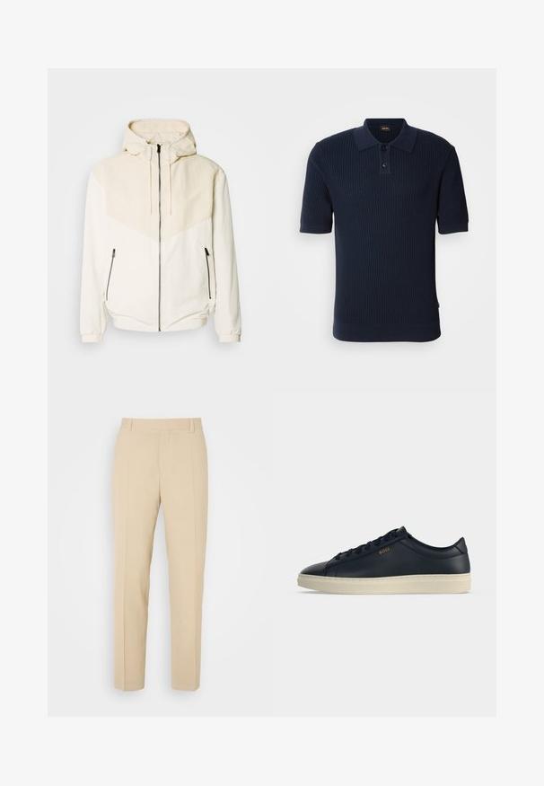 Veste à capuche en blanc cassé avec un pan beige clair contrastant. Équipée d'une fermeture éclair et de poches latérales avec fermetures éclair. Texture lisse.; Polo shirt en bleu marine à côtes avec un plastron à deux boutons, des manches courtes et un col plat. Le tissu a une finition texturée et une silhouette ajustée.; Pantalons beige ajustés avec une coupe droite, fabriqués en tissu léger, dotés de deux poches avant et de plis bien repassés.; Baskets basses en cuir bleu marine avec semelle en caoutchouc crème et marquage "BOSS" doré sur le côté, vues de côté.