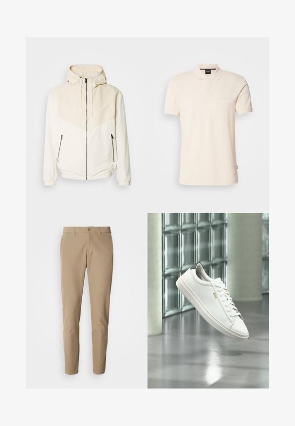 Hættetrøje i off-white med kontrasterende lyse beige panel. Har lynlås-lukning og sidelommer med lynlås. Glat tekstur.; Beige polo-shirt lavet af bomuld, med krave og to-knaps placket. "BOSS" logoet broderet på brystet, korte ærmer, enkelt design.; Beige bukser lavet af glat stof med lige snit, der har en knaplukning og for- lommer, samt bæltestropper.; Hvid læder lav-top sneaker med snørebånd, sort hælflig og "BOSS"-logo, svævende indendørs nær glasblok væg og poleret gulv.