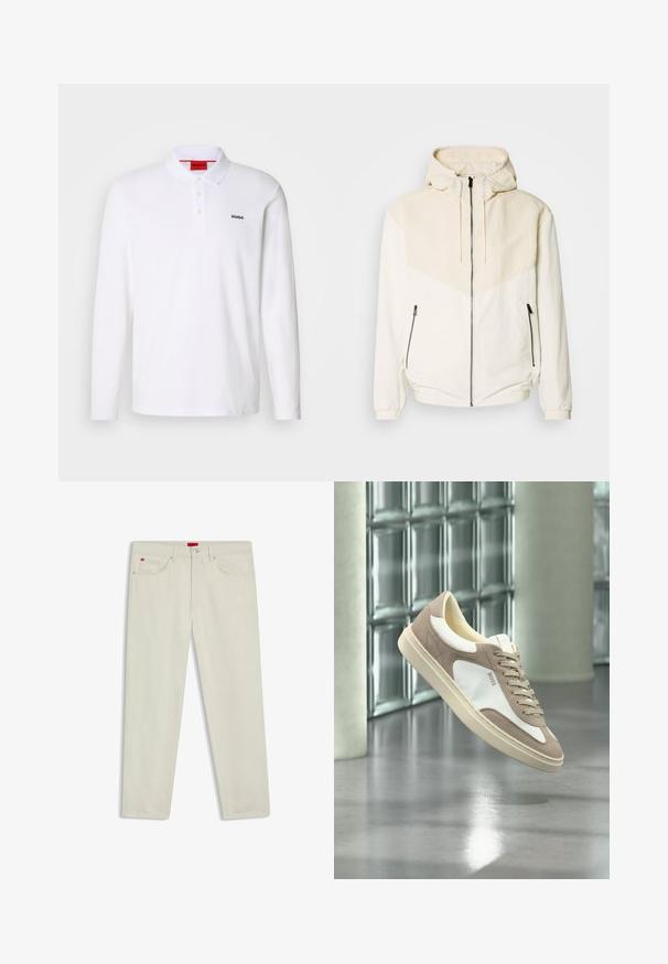Hættetrøje i off-white med kontrasterende lyse beige panel. Har lynlås-lukning og sidelommer med lynlås. Glat tekstur.; Hvid langærmet polo-skjorte lavet af bomuld med krave, tre-knaps stolpe og sort "HUGO" logo på venstre bryst.; Beige jeans med lige ben, foran med knap og lynlås, bæltestropper og fem-lommer design, inklusive små røde mærkatag.; Beige og hvid ruskindssneaker med snørebånd og "BOSS"-logo, der svæver over en poleret beton gulv med glasblokvægge i baggrunden.