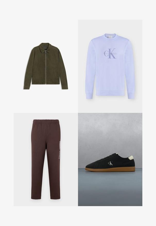 Olijfgroene suède jas met rits aan de voorkant, twee zijzakken, lange mouwen en een klassieke kraag, plat gelegd op een witte achtergrond.; Lichtpaarse longsleeve crewneck trui met het Calvin Klein "cK"-logo in bijpassend paars geborduurd op de borst.; Bruine joggingbroek gemaakt van zachte stof, met een elastische tailleband en een wit logo op het linkerbeen. Aansluitende boorden bij de enkels.; Zwarte canvas sneaker met een gumrubberen zool, voorzien van een zilveren "cK" logo aan de zijkant en een witte accent bij de hiel. Laag model.