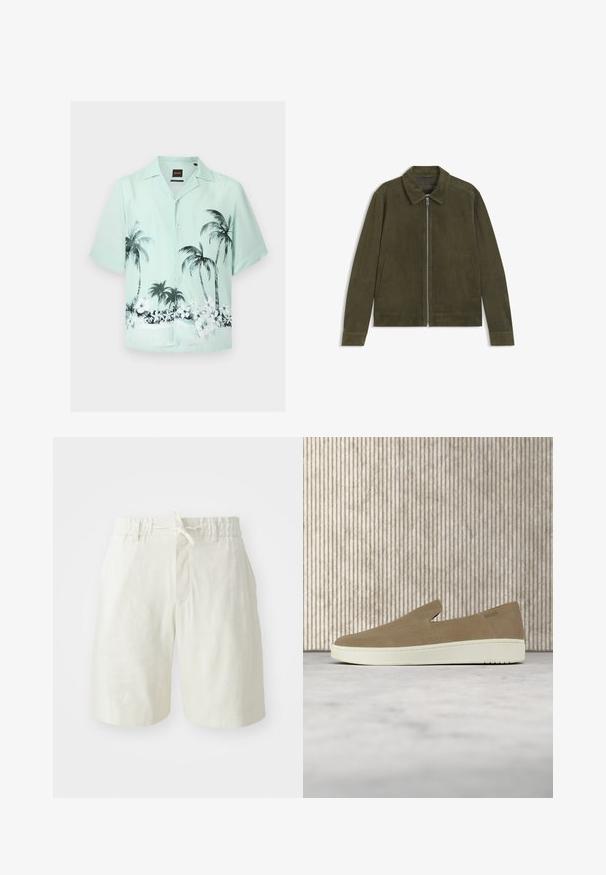 Veste en daim vert olive avec fermeture éclair frontale, deux poches latérales, manches longues et col classique, posée à plat sur fond blanc.; Chemise vert clair à manches courtes avec boutons et imprimé noir et blanc de palmiers et de fleurs tropicales sur le bas.; Shorts beige clair en tissu doux et texturé. Dotés d'une taille élastique avec cordon de serrage et d'une poche avant unique.; Chaussure beige sans lacets avec semelle blanche, présentée en suspension sur un tapis clair avec un mobilier transparent de couleur ambre en arrière-plan.