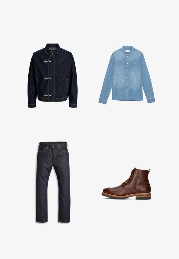 Dunkelblaue Denimjacke mit Kragen, drei Metall-Knebelverschlüssen, Fronttaschen und sichtbaren gelben Nähten.; Hellblaues Denim-Hemd mit Knopfleiste, langen Ärmeln, spitzem Kragen, einer Brusttasche und dezentem Verblassen des Stoffes.; Dunkelblaue Jeans aus Denim mit geradem Schnitt, Fünf-Taschen-Design, metallischen Komponenten und kontrastierenden orangen Nähten. Glatte Textur, keine sichtbaren Muster.; Braune Leder-Ankle-Boots mit runder Zehenpartie, Schnürdesign, kontrastierendem Absatz und Laufsohle sowie geprägtem Logo an der Seite.