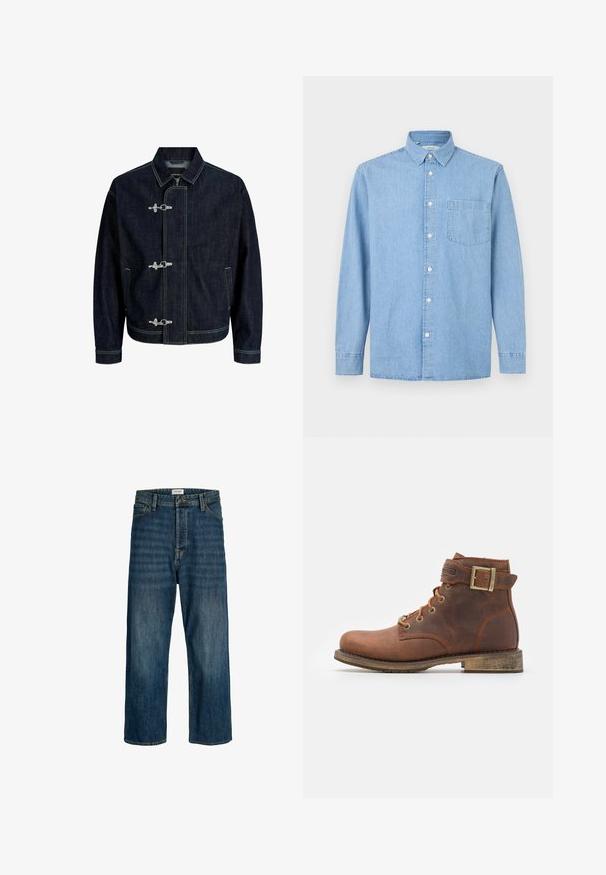 Donkerblauwe spijkerjas met kraag, drie metalen togglesluitingen, voorzakken en zichtbare gele naden.; Lichtblauw denim overhemd met lange mouwen, een borstzakje, knoopsluiting en een klassieke kraag op een witte achtergrond.; Denimjeans in een donkerblauwe wassing met een rechte pijpuitvoering. Kenmerken zijn onder andere een knoopsluiting, riemlussen en stikselaccenten.; Harley Davidson VNTGMOTO SHORT RIDING APPROVED - Cowboy-/Bikerlaarsjes - brown