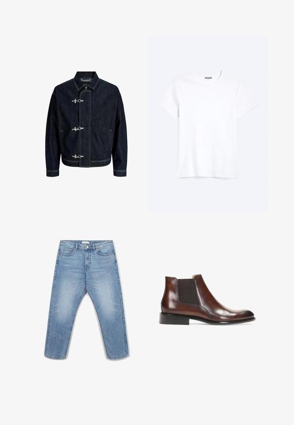 Dunkelblaue Denimjacke mit Kragen, drei Metall-Knebelverschlüssen, Fronttaschen und sichtbaren gelben Nähten.; Schlichtes weißes T-Shirt mit kurzen Ärmeln und Rundhalsausschnitt mit gut sichtbarem WEEKDAY-Label am Kragen, dargestellt auf hellem Hintergrund.; Hellblaue Jeans aus Denim mit geradem Bein, fünf Taschen, Metallknopfverschluss und dezenten Ausbleichungen auf dem Stoff.; Braune Leder-Stiefelette mit elastischen Seiteneinsätzen, glatter Oberfläche, genähten Details und einem niedrigen rechteckigen Absatz.