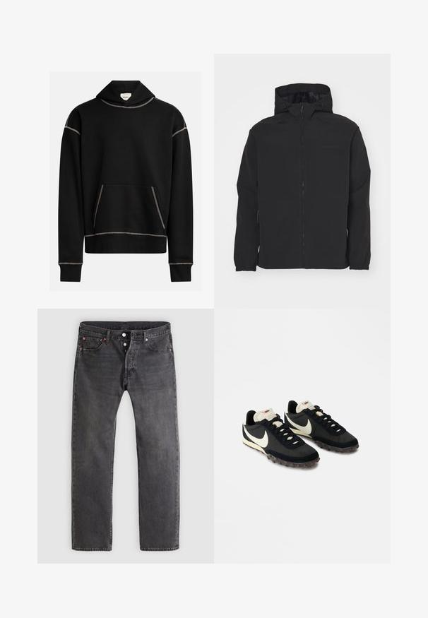 Veste noire zippée avec capuche. Caractéristiques : poignets élastiques, surface texturée et un logo subtil sur la poitrine. Design léger.; Haut noir à capuche avec des coutures blanches apparentes, poche kangourou à l'avant, et une étiquette à l'intérieur de la capuche portant l'inscription "REBEL".; Jean en denim noir délavé avec une coupe jambe droite, braguette à boutons et rivets en cuivre. Comprend cinq poches et des motifs d'usure subtils.; Chaussures de sport noires avec une tige texturée, logo swoosh blanc et semelle en caoutchouc dotée de petits crampons pour une meilleure traction. Col de couleur crème.