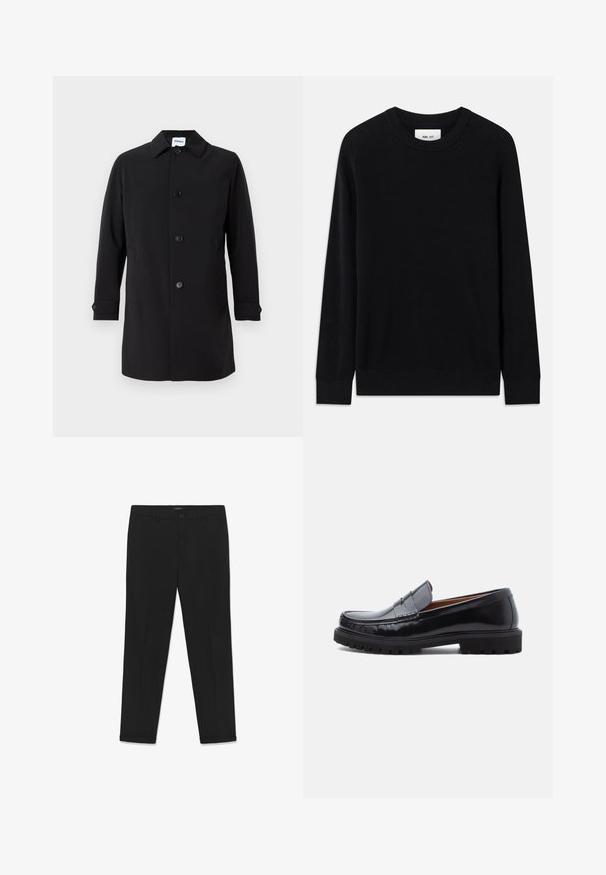 Manteau noir en tissu lisse, avec un col, cinq boutons à l'avant, deux poches latérales et des poignets boutonnés. Coupe classique.; Pull noir à côtes avec un col rond, des manches longues et une texture tricotée. Présente un ourlet droit et une étiquette de marque discrète à l'intérieur.; Pantalon noir en tissu lisse, à coupe ajustée, avec devant plat, deux poches latérales et une fermeture à bouton à la taille.; Mocassin penny en cuir noir avec semelle en caoutchouc épaisse et couture moc toe, montré de profil sur un fond blanc.