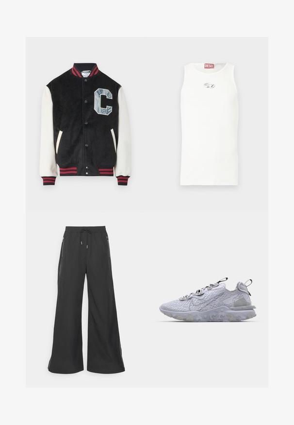 Chaqueta universitaria negra con mangas blancas, cuello y puños a rayas rojas y negras, botones a presión y una gran "C" azul texturizada en el pecho.; Camiseta blanca sin mangas hecha de tela suave, con un pequeño logo plateado en el pecho y una etiqueta roja en el cuello.; Pantalones de pierna ancha negros con una cinturilla elástica y cordón. Presentan bolsillos laterales con cremallera y líneas de acento blancas a lo largo de los lados.; Zapatilla deportiva de color gris claro con parte superior de malla transpirable, suela de goma texturizada y acentos reflectantes. Cuenta con un cuello acolchado y diseño de cordones.