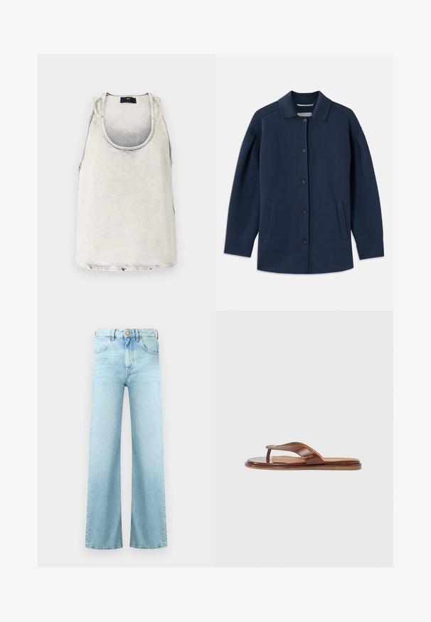 Veste bleu marine avec un col, des boutons sur le devant, des poches latérales et une coupe décontractée avec des manches larges. Fabriquée en tissu doux.; Débardeur en coton de couleur blanc délavé avec un décolleté en bateau et des coutures latérales. Présente une texture subtile et une petite étiquette de marque au niveau du décolleté.; Jean en denim bleu clair à taille haute, fermeture à bouton, poches avant et jambes larges et droites.; Tongs en cuir marron avec une bride texturée et une semelle intérieure lisse. Présente un design minimaliste et une semelle plate, adaptées pour un usage décontracté.