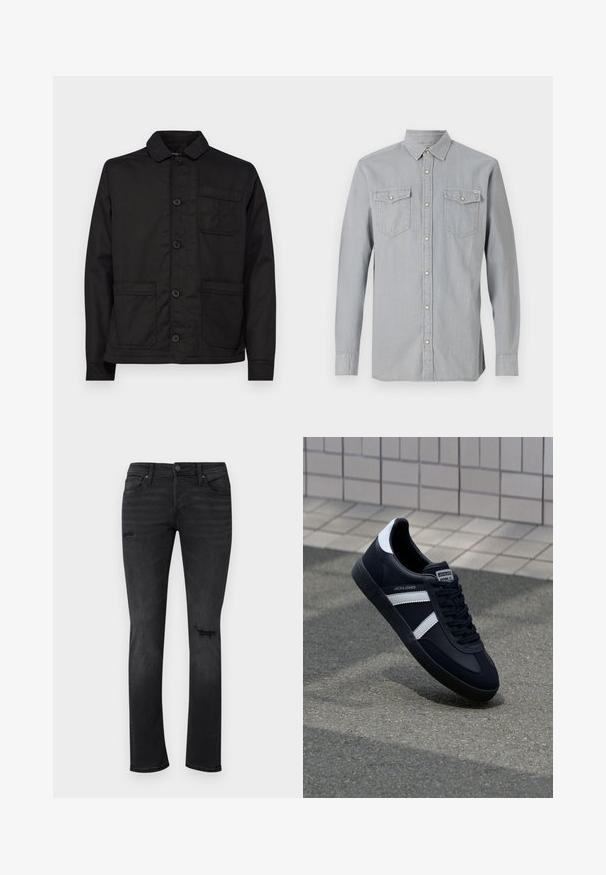 Schwarze Baumwolljacke mit einem Kragen, Knopfleiste und einer einzelnen Brusttasche. Verfügt über zwei aufgesetzte Taschen vorne und einen flachen Saum.; Hellgraues langärmliges Jeanshemd mit durchgeknöpfter Front, zwei Brusttaschen mit Klappen und Knöpfen sowie einem spitzen Kragen.; Schwarze Jeans aus Denim mit Slim-Fit, die sichtbare, abgewetzte Stellen an den Knien aufweisen, fünf Taschen besitzen und einen normalen Knopf- und Reißverschluss haben.; Schwarze Leder-Sneaker mit weißen Streifen, strukturiertem Gummisohle und Schnürung. Verfügt über ein Markenetikett auf der Zunge.