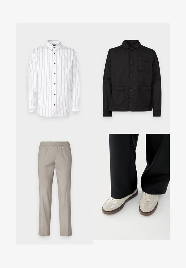 Veste en coton noir avec un col, à fermeture par boutons à l'avant et une poche poitrine unique. Dotée de deux poches plaquées à l'avant et d'un ourlet plat.; Chemise blanche à manches longues avec des rayures verticales étroites en rouge et bleu, à boutons, col pointu et boutons noirs.; Pantalons gris clair avec une taille élastique, coupe droite et une texture de tissu lisse. Pas de motifs visibles ni de détails matériels.; Pieds portant des baskets beige avec des semelles marron et un pantalon noir à jambes larges sur fond blanc.