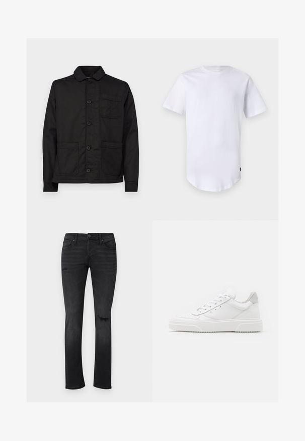 Schwarze Baumwolljacke mit einem Kragen, Knopfleiste und einer einzelnen Brusttasche. Verfügt über zwei aufgesetzte Taschen vorne und einen flachen Saum.; Weißes T-Shirt mit kurzen Ärmeln aus Baumwolle. Rundhalsausschnitt mit abgerundetem Saum. Etikett auf der unteren linken Seite sichtbar. Glatte Textur.; Schwarze Jeans aus Denim mit Slim-Fit, die sichtbare, abgewetzte Stellen an den Knien aufweisen, fünf Taschen besitzen und einen normalen Knopf- und Reißverschluss haben.; Weiße Leder-Sneaker mit glatter Oberfläche, rundem Zehenbereich, flachen Schnürsenkeln und strukturiertem Schuhsohlen. Graues Wildleder-Detail an der Ferse.