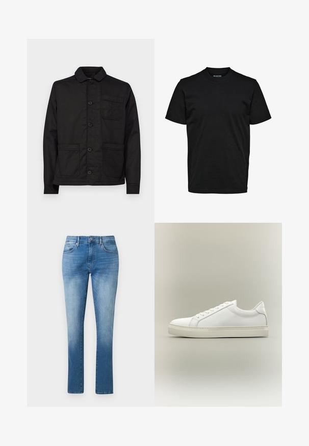 Zwarte katoenen jack met een kraag, knopen aan de voorkant en een enkele borstzak. Beschikt over twee voorzakken en een rechte zoom.; Eenvoudig zwart T-shirt met korte mouwen, ronde hals en een normaal model zonder zichtbare patronen of logo's.; Blauwe jeans met rechte pijpen, mid-rise taille, knoop- en ritssluiting en klassiek ontwerp met vijf zakken.; Witte lage sneaker met veters aan de voorkant en dikke zool, zijaanzicht tegen een neutrale achtergrond.