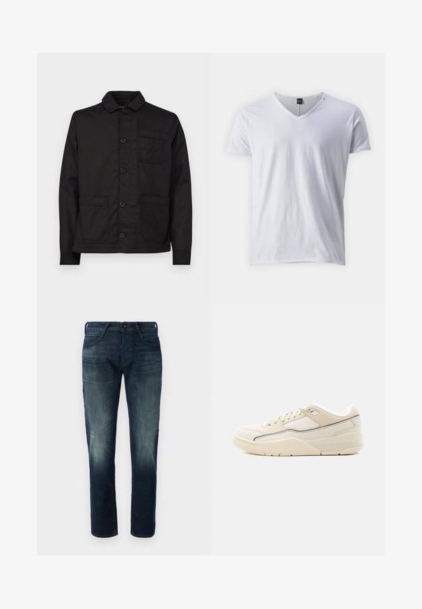 Sort bomuldsjakke med krave, knappelukning foran og en enkelt brystlomme. Har to forreste påsyede lommer og en lige kant.; Hvid kortærmet V-hals t-shirt lavet af blødt bomuld, med en afslappet pasform og glat overflade, samt et lille mærke ved halsudskæringen.; Mørkeblå lige ben denim jeans med let fading på lårene og knæene, frontknap og lynlås lukning, samt fem-lomme stil.; Lavtopet sneaker i cremefarve med beige accenter, snørelukning, polstret krave og tekstureret sål på en ensartet lys baggrund.