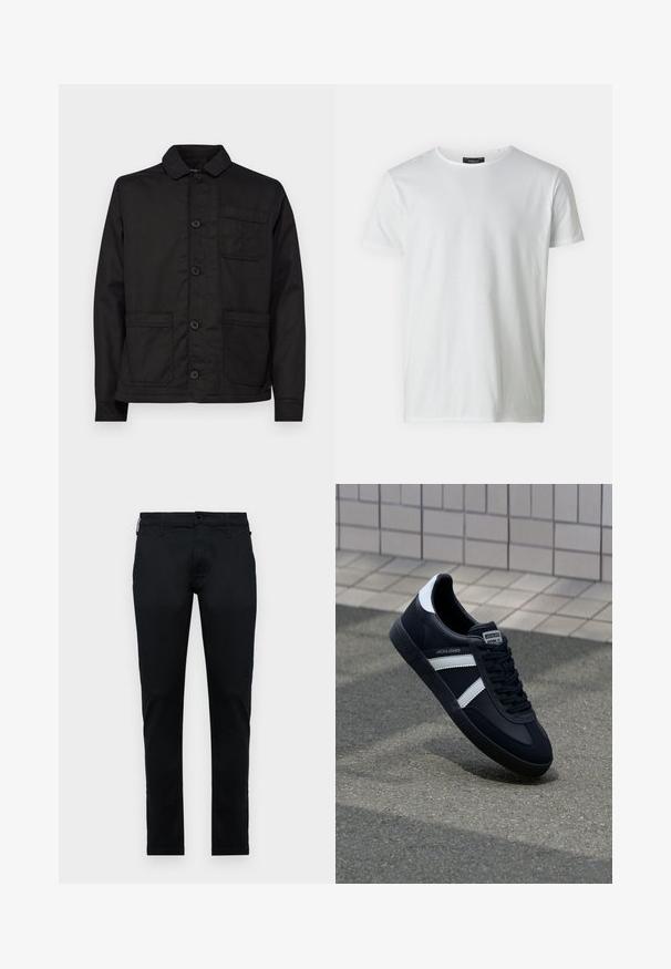 Zwarte katoenen jack met een kraag, knopen aan de voorkant en een enkele borstzak. Beschikt over twee voorzakken en een rechte zoom.; Witte korte mouwen crew neck t-shirt van katoen met een gladde textuur. Bevat een label bij de kraag. Eenvoudig, effen ontwerp.; Zwarte geweven broeken, slim-fit ontwerp, voorzien van standaardzakken, een knoopsluiting aan de voorkant en contrasterende stiksels. Gladde textuur, zonder patronen.; Zwarte leren sneaker met witte strepen, een gestructureerde rubberen zool en vetersluiting aan de voorkant. Voorzien van een merklabel op de tong.