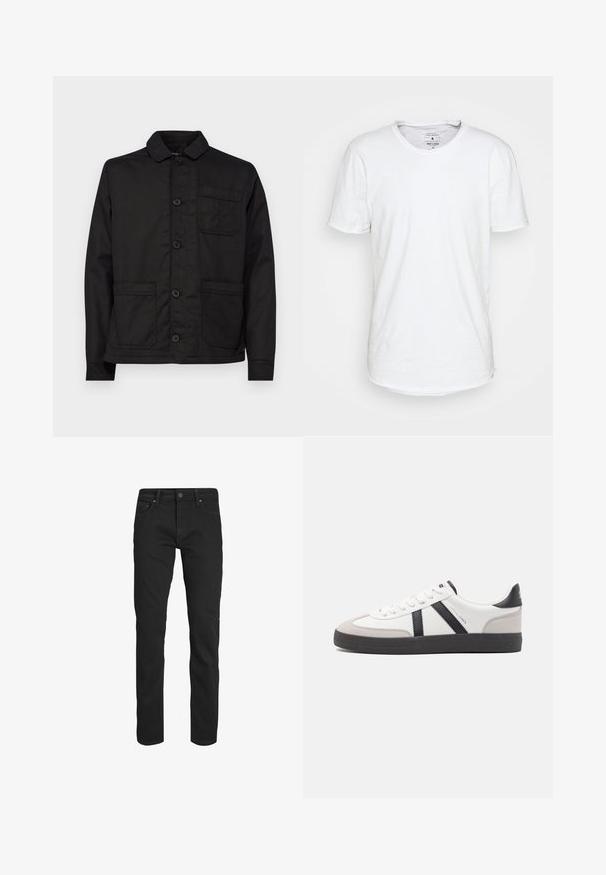 Schwarze Baumwolljacke mit einem Kragen, Knopfleiste und einer einzelnen Brusttasche. Verfügt über zwei aufgesetzte Taschen vorne und einen flachen Saum.; Weißes T-Shirt mit kurzen Ärmeln aus Baumwolle und klassischem Rundhalsausschnitt. Verfügt über einen leicht abgerundeten Saum und minimale Nähdetails.; Schwarze Jeans aus Denim mit geradem Bein. Verfügt über einen Knopfverschluss, Gürtelschlaufen und ein Fünf-Taschen-Design. Glatte Textur, minimale Markenkennzeichnung.; Weiße Sneaker mit schwarz- und grau-aczenten, ausgestattet mit einer strukturierten grauen Zehenkappe, schwarzer Gummi-Sohle und flachen weißen Schnürsenkeln. Sauberes Design, minimalistische Stil.