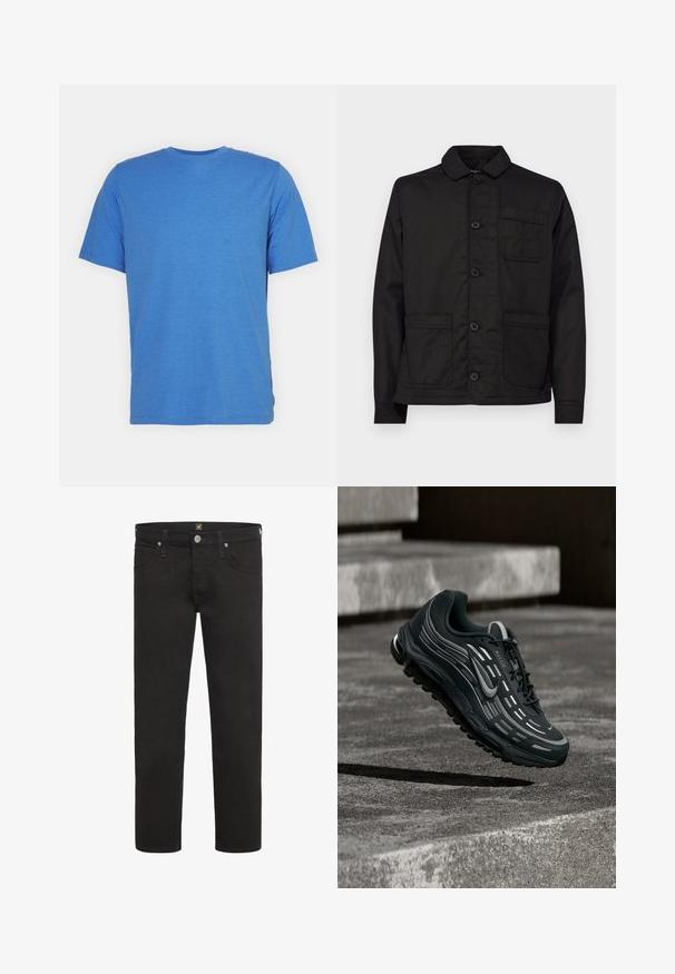 Schwarze Baumwolljacke mit einem Kragen, Knopfleiste und einer einzelnen Brusttasche. Verfügt über zwei aufgesetzte Taschen vorne und einen flachen Saum.; Kurzarm-T-Shirt mit Rundhalsausschnitt in einfarbigem Blau. Hergestellt aus weichem, atmungsaktivem Stoff mit glatter Oberfläche und ohne Muster oder Akzente.; Schwarze gerade geschnittene Jeans mit Knopf- und Reißverschluss, Vorder- und Gesäßtaschen sowie Gürtelschlaufen von der Marke Lee.; Schwarzer und grauer Nike Air Max Sneaker, der über graue Betonstufen mit strukturiertem Bodenhintergrund schwebt.