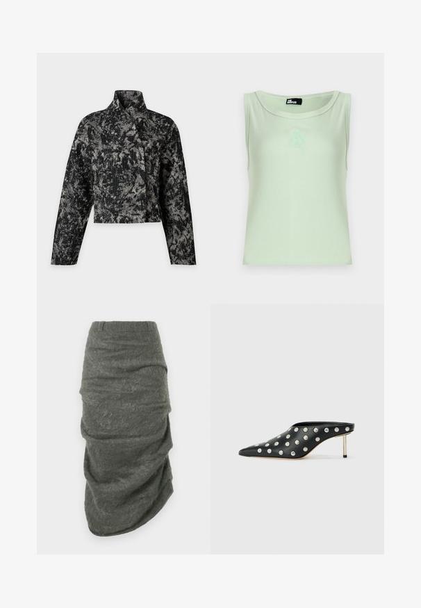 Zwart en grijs getextureerd cropped jack met lange mouwen, hoge kraag en abstract patroon, weergegeven op een effen grijze achtergrond.; Lichtgroen mouwloos topje met ronde hals en een klein geborduurd wapen centraal onder de halslijn.; Donkergrijze asymmetrische mohair rok met gerimpelde textuur en een aansluitende tailleband, plat weergegeven op een witte achtergrond.; STAND STUDIO KELSEY - Muiltjes met hak - black