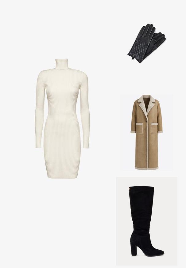 Lange bruine jas met een getextureerde beige kraag en biezen, voorzien van twee voorzakken en een enkele knoopsluiting. Zachte stofafwerking.; Wolford MERINO RIB DRESS - Etui-jurk - beige; Zwarte suède dameslaars tot over de knie met blokhak en puntige neus, voorzien van een klein gouden logo label vlak bij de bovenkant aan de achterkant.; CASH-MERE MIT CARO STYLE UND TOUCHSCREEN TAUGLICH - Handschoenen - schwarz