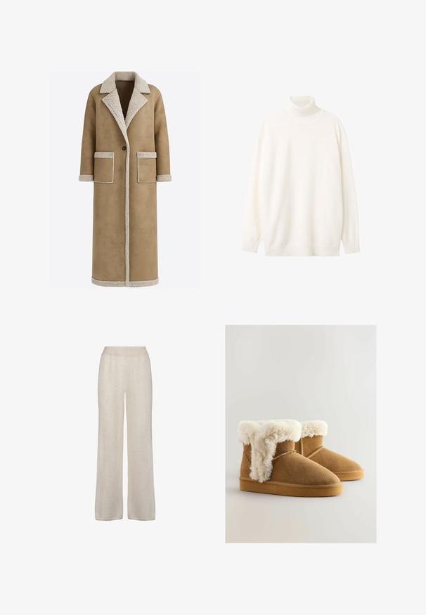 Lang brun frakke med en tekstureret beige krave og kant, med to forlommer og lukning med en enkelt knap. Blødt stoffinish.; Turtleneck sweater i blødt hvidt stof, med ribbet krave og manchetter, afslappet pasform, lange ærmer og lige kant.; Bredde bukser i blød, lys beige stof. Har en glat tekstur med en elastisk talje og et enkelt, udekoreret design.; Brune ruskinds ankelstøvler med en fluffy, hvid fake fur-kant, rund tå og flad gummisål. Syninger langs siderne.