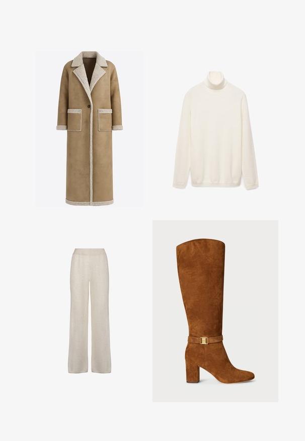 Lange bruine jas met een getextureerde beige kraag en biezen, voorzien van twee voorzakken en een enkele knoopsluiting. Zachte stofafwerking.; Crèmekleurige coltrui, gemaakt van een zachte gebreide stof. Heeft lange mouwen en een geribbelde kraag. Eenvoudig, onbelemmerd ontwerp.; Brede broekspijpen in zacht, lichtbeige stof. Kenmerkt een gladde textuur met een elastische tailleband en een eenvoudig, onversierd ontwerp.; Bruine suède kniehoge laars met een vierkante neus, chunky hak en een goudkleurige gespdetail op een bijpassende suède band om de enkel.