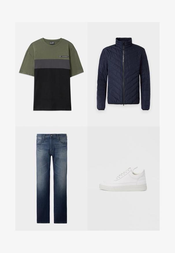 Chaqueta aislante de color azul marino con un alto cuello, patrón de costura en chevrón, cierre frontal de cremallera y puños elásticos. Material sintético ligero y elegante.; Camiseta verde de manga corta con rayas horizontales grises y negras, cuello redondo y pequeño logo de EA7 en la parte superior izquierda del pecho.; Jeans de pierna recta en lavado azul oscuro. Presenta cinco bolsillos, cierre de cremallera y botón. Textura ligeramente desteñida en el muslo. Tejido de mezclilla.; Zapatilla blanca de cuero con punta redondeada, suela plana y cierre de cordones. Presenta detalles de costuras y un cuello acolchado para mayor comodidad.