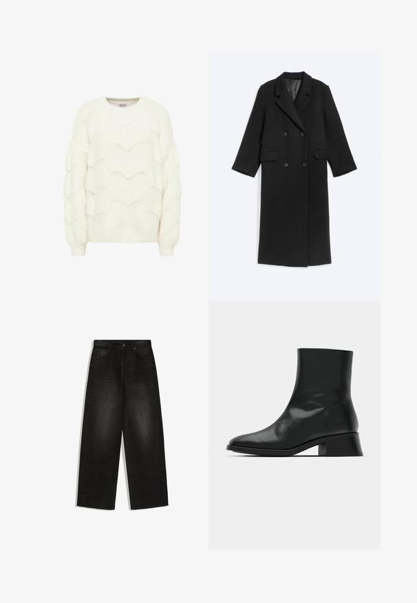 Manteau long noir à double boutonnage avec larges revers et poches à rabat, présenté à plat sur un fond clair.; Pull en tricot couleur crème avec un motif de vagues texturé. Il présente un col rond et des manches longues avec des poignets côtelés.; Jean en denim noir à jambes larges, fermeture devant par bouton et zip, passants de ceinture et deux poches avant sur fond blanc.; Bottine noire en cuir brillant, au design épuré, avec un bout pointu et un petit talon bloc pour plus de stabilité.
