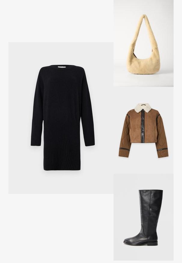 Brun cropped jakke med quiltede ærmer, sort knappanel og hvid imiteret pelskrave på ensfarvet baggrund.; CLOSED CREW NECK MINI DRESS - Strikkjoler - black; Sorte læderknæstøvler med lav hæl og rund tå, der viser syninger langs skaftet og vampen.; Beige shearling skuldertaske med et buet håndtag og en afrundet form. Teksturen er blød og fyldig, med minimale hardware-details.