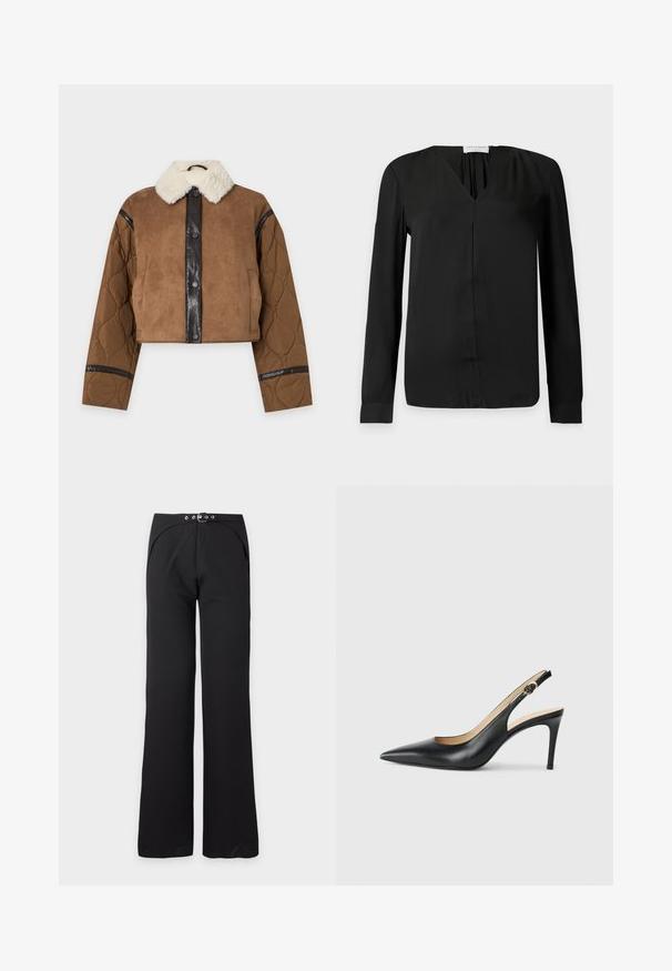 Veste courte marron avec manches matelassées, panneau noir à boutons et col en fausse fourrure blanche sur fond uni.; Blouse noire manches longues avec un col en V et un détail subtilement froncé au niveau du col, affichant un design minimaliste sur un fond uni.; Pantalon noir taille haute à jambes larges avec ceinture noire intégrée comportant des œillets et une boucle argentés, présenté à plat sur fond blanc.; Escarpins en cuir noir avec une pointe fine, une bride ajustable et un talon aiguille élégant, présentant une finition lisse.