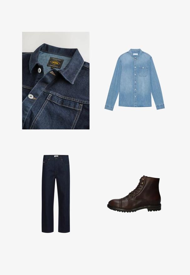 Denim-paita tummansinisellä värillä, jossa on klassinen kaulus, metallinapit ja kontrastiväriset kultaiset tikkaustyöt. Tunnuksessa lukee "Premium Grade 1982."; Vaaleansininen farkkupaita, pitkät hihat, terävä kaulus, yksi rintatasku ja hienovaraista kulumista kankaassa.; Tummansiniset denim-farkut suoralla lahkeen mallilla, joissa on viisi taskua, kontrastikirjailut ja merkkilogo vyötärönauhassa.; Tummanruskea nahkasaapas, jossa on mustat nauhat ja kova kumipohja, nähtynä ulkopuolelta.