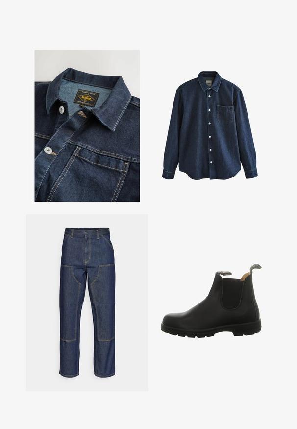 Chemise en denim de couleur bleu foncé, dotée d'un col classique, de boutons en métal et de coutures dorées contrastées. L'étiquette indique "Premium Grade 1982."; Chemise en jean bleu foncé à manches longues avec boutons, col et une poche poitrine unique, présentée sur fond blanc.; Jeans en denim bleu foncé avec une taille haute, une coupe droite, des coutures contrastantes et des poches appliquées à l'avant.; Botte Chelsea en cuir noir avec panneaux élastiques sur les côtés, un bout arrondi et une semelle en caoutchouc robuste avec une languette au talon pour un enfilage facile.