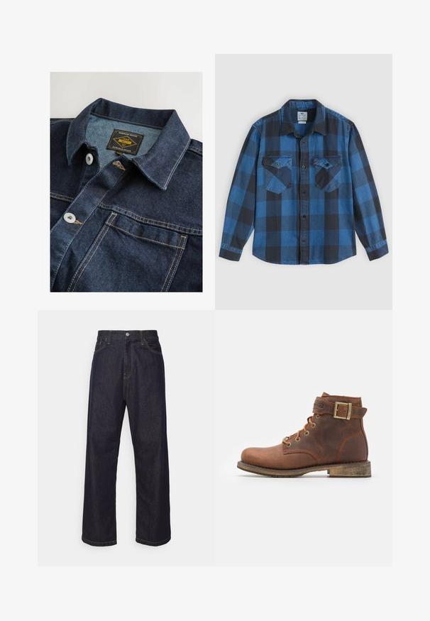 Denim shirt in een donkere blauwtint, met een klassieke kraag, metalen knopen en contrasterende gouden stiksels. Label vermeldt "Premium Grade 1982."; Blauwe en zwarte geblokte flanellen shirt, lange mouwen, knoopsluiting aan de voorkant, twee borstzakken, kraag en een zachte textuur.; Donkerblauwe rechte spijkerbroek met gele stiksels, voorknop, ritssluiting en vijf pocket ontwerp.; Harley Davidson VNTGMOTO SHORT RIDING APPROVED - Cowboy-/Bikerlaarsjes - brown