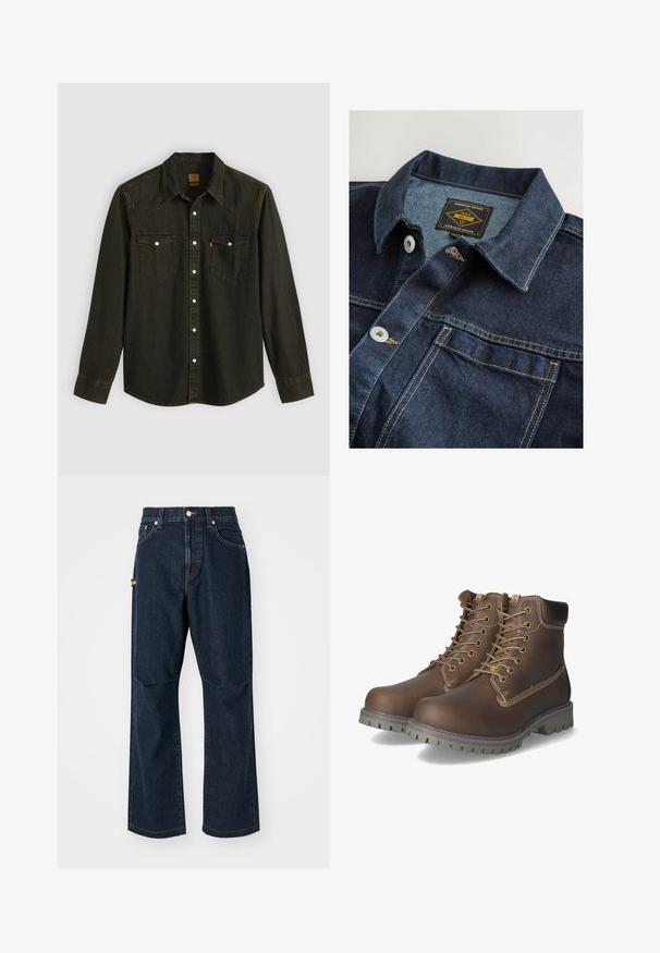 Denimhemd in dunkelblau, mit klassischem Kragen, Metallknöpfen und kontrastierendem goldenen Nähten. Das Etikett trägt die Aufschrift "Premium Grade 1982."; Schwarzes Jeanshemd mit langen Ärmeln, spitzem Kragen, zwei Brusttaschen, silbernen Knöpfen und gelben Nähtelementen. Klassisches Western-Design.; Dunkelblaue Jeans aus Denim mit geradem Bein, Vorderaschen und einer Seitentasche. Mit Steppakzenten und einem Knopf-Bund.; Braune Leder-Ankle-Boots mit Schnürung, gepolstertem Kragen, kontrastierenden Nähten und rutschfester Gummisohle mit Trittmuster.