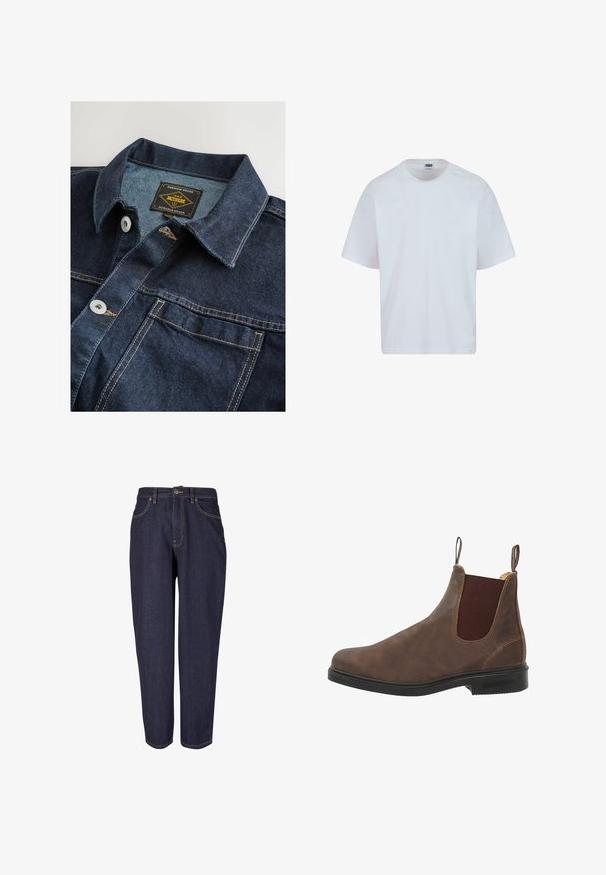 Denim shirt in een donkere blauwtint, met een klassieke kraag, metalen knopen en contrasterende gouden stiksels. Label vermeldt "Premium Grade 1982."; Witte katoenen T-shirt met een ronde hals, korte mouwen en een rechte snit. Kenmerkend zijn de subtiele stiksels op de schouders.; Donkerdenim jeans met een recht gesneden ontwerp, voorzien van traditionele vijf-pocket styling, subtiele gouden stiksels en een metalen knoopsluiting.; Bruine leren enkellaars met elastische zijpanelen, ronde neus en zwarte rubberen zool. Subtiele textuur en stiksels.