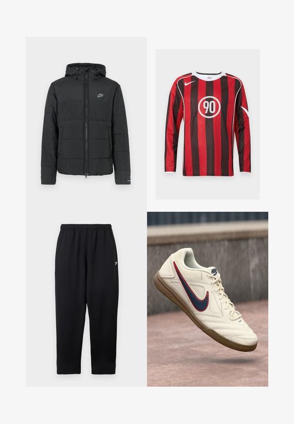 Zwarte pufferjas met capuchon, voorzien van een rits aan de voorkant, een horizontaal gestikt patroon en een klein logo op de bovenste linkerkant.; Voetbalshirt met lange mouwen, voorzien van afwisselend rode en zwarte verticale strepen, witte accenten, een rond logo met "90" en een klassiek ronde halsontwerp.; Zwarte sweatpants met een elastische tailleband, voorzien van een klein wit logo aan de linkerkant. Gemaakt van een zachte, lichtgewicht stof. Recht pijp model.; Witte Nike sneaker met een blauwe en rode swoosh, textuurleer bovenwerk, vetersluiting en een gumrubberen zool.
