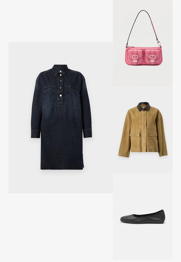 Lysebrun ruskindjakke med mørkebrun læderkrave, lange ærmer, trykknapslukning foran og to store frontlommer med klap.; CLOSED DRESS - Denimkjoler - dark blue; Sort læderballetsko med rund tå, glat tekstur, minimal syning og et fleksibelt såldesign.; Lyserød læderhåndtaske med to forlommer, sølvfarvet hardware og en lang rem. Tekstureret overflade og lynlås lukning øverst.