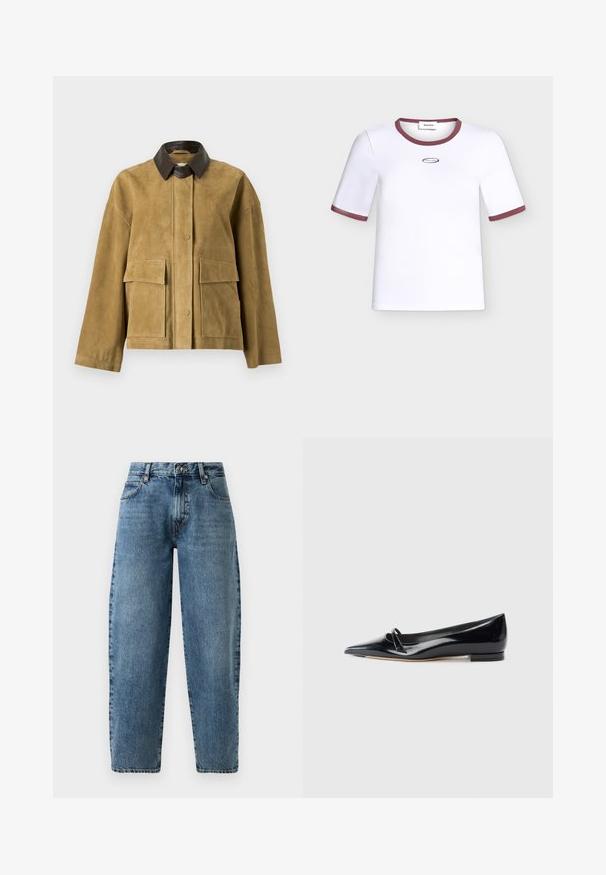 Veste en daim marron clair avec col en cuir marron foncé, manches longues, fermeture à boutons-pression à l'avant et deux grandes poches avant à rabat.; T-shirt blanc à manches courtes avec bordure bordeaux sur le col et les bords des manches, ornée d'un petit logo ovale avec texte sur la poitrine.; Jean en denim bleu clair avec une coupe droite, taille haute et des coutures minimalistes. Style classique à cinq poches avec quincaillerie en métal.; Chaussure plate en cuir verni noir avec un bout pointu, une petite lanière décorative et un petit talon carré. Texture lisse et design épuré.